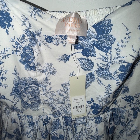 Audrey Parks Blue Floral Puff Sleeve Mini Dress L NWT | Spring Event - Picture 3 of 6